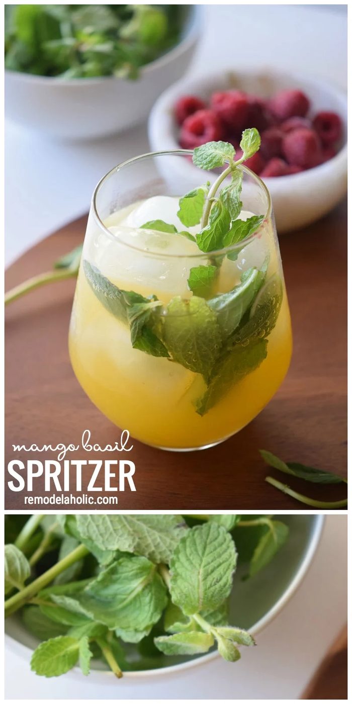 well fitted way to cool doown on a warm day with a direct drink try this Mango Basil Spritzer via Bekob.com