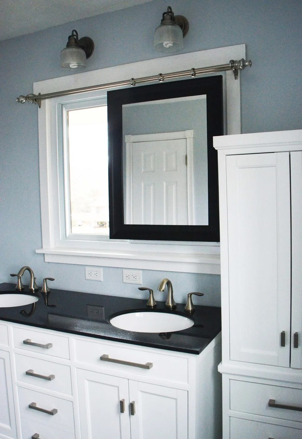 Bathroom Remodel, sliding mirror, tall linen cabinet, by Since I Became a Mom featured on @Bekob