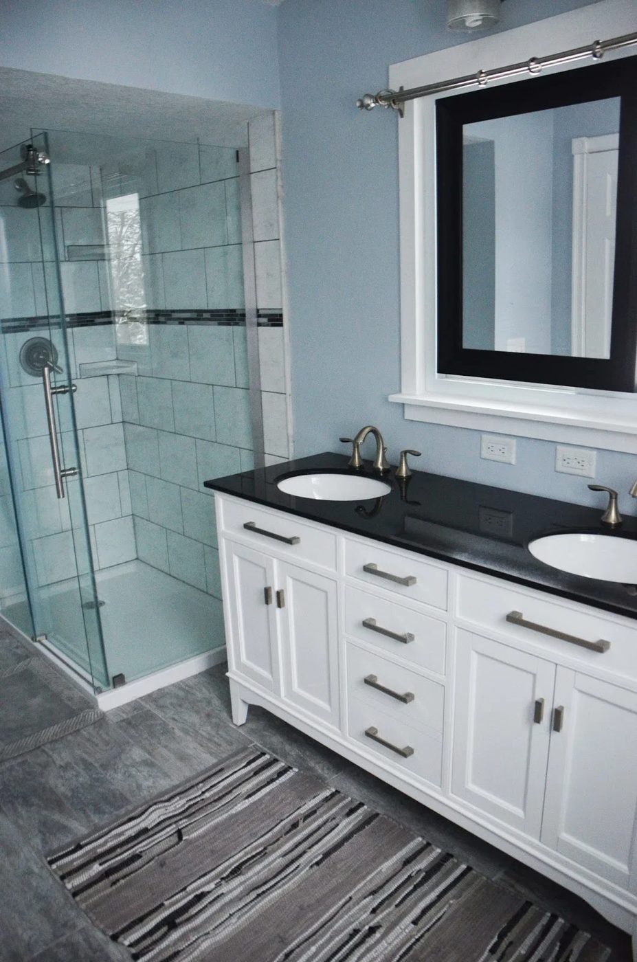 Master Bathroom Renovation, gray and white bathroom with dark accents, by Since I Became a Mom featured on @Remodelohic