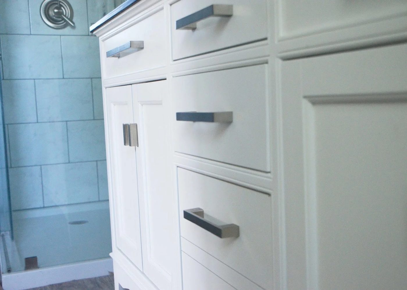 White vanity, direct hardware, bathroom remodel, by Since I Became a Mom featured on @Remodelohic