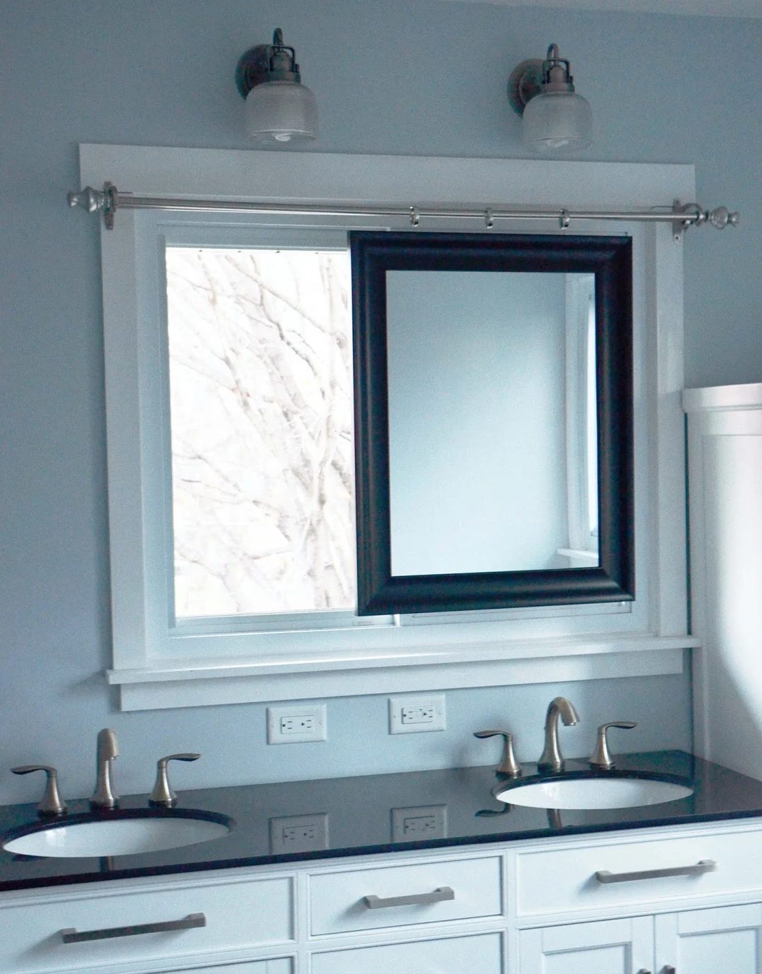 Master Bathroom Remodel with sliding mirror across window, Handmade, by Since I Became a Mom featured on @Remodelohic