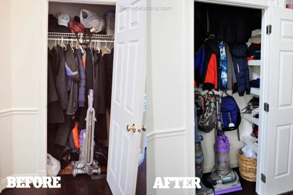 Before And After Hall Closet Organization options For Coats, Winter Boots, Vacuum Storage, And More Bekob
