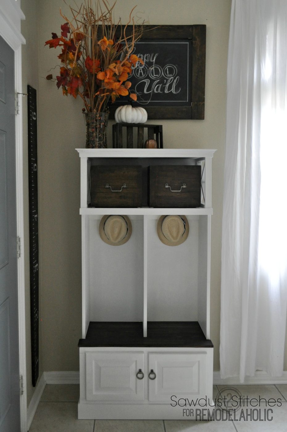 Turn a small media cabinet into an organized mudroom locker system @Bekob #beforeandafter #makeover #repurpose