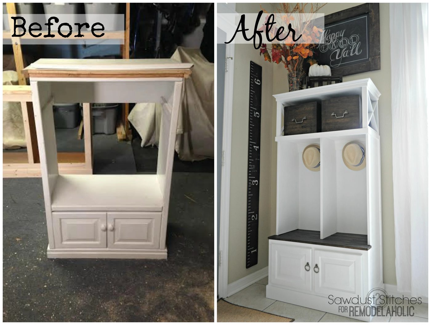Turn a small media cabinet into an organized mudroom locker system @Bekob #beforeandafter #makeover #repurpose