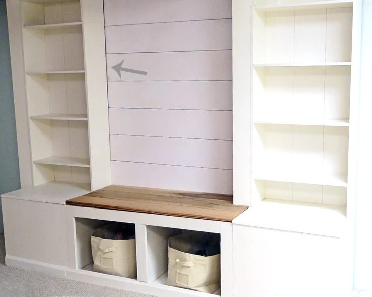 How-to-Build-a-Wall-Storage-Media-System with a shiplap backdrop featured on Bekob.com