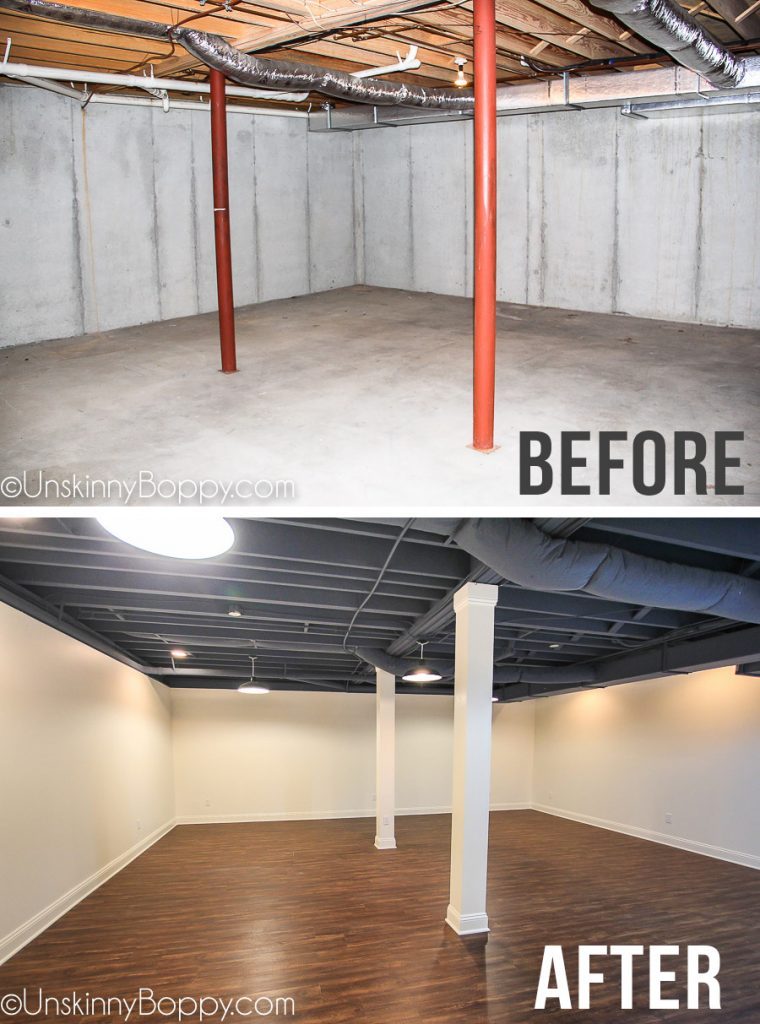 Basement Remodel With Painted Blue Ceiling Before After 2 760x1024