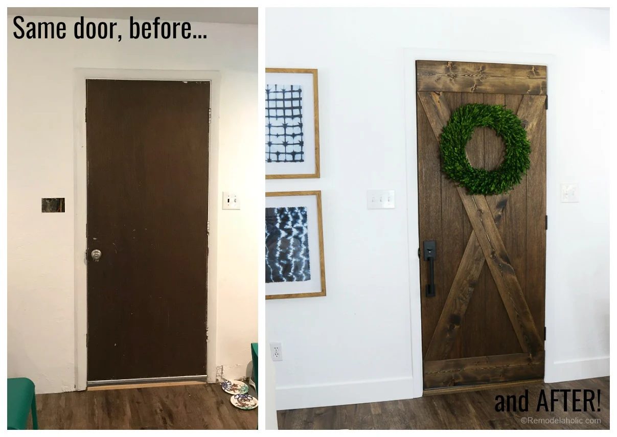 Flat panel door to wood barn door for just $25! Such an affordable farmhouse style update for your home. #Bekob