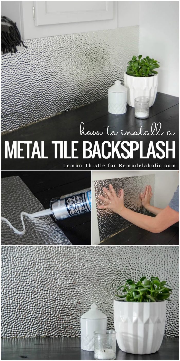 Learn how to install a unique and modern (but straightforward to clean!) metal ceiling tile backsplash for a laundry room or kitchen. Tip #1: It's all about using the right adhesiv
