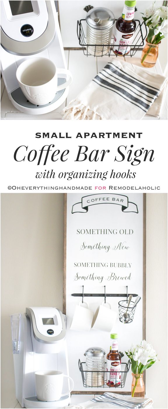 Create a space-saving mini coffee bar right in your small home or apartment with this straightforward and chic Handmade coffee bar sign and organizer.