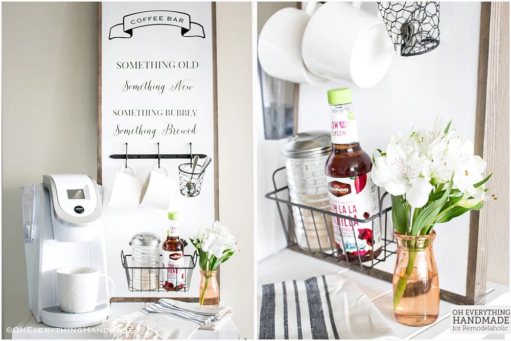 Create a space-saving mini coffee bar right in your small home or apartment with this straightforward and chic Handmade coffee bar sign and organizer.