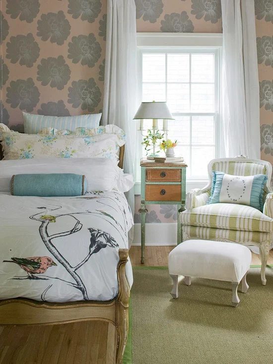 aqua and green patterned bedroom, BHG