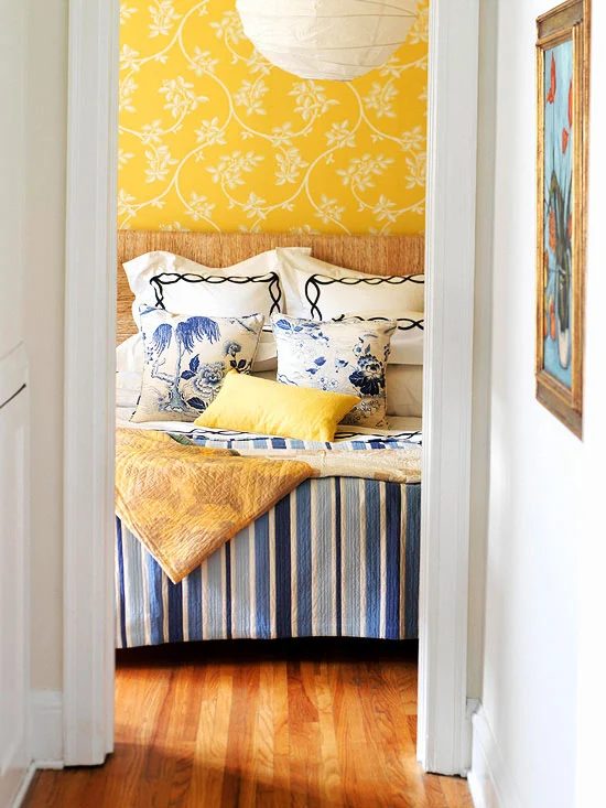 blue and yellow patterned bedroom, BHG