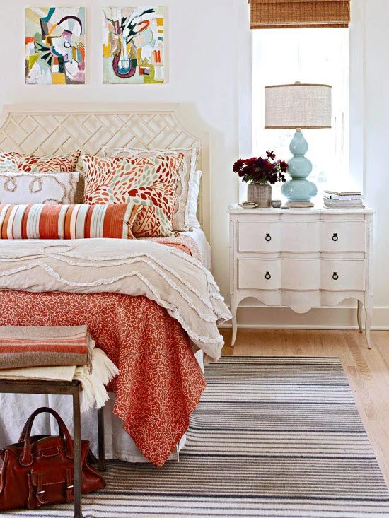 red and orange patterned bedroom, BHG