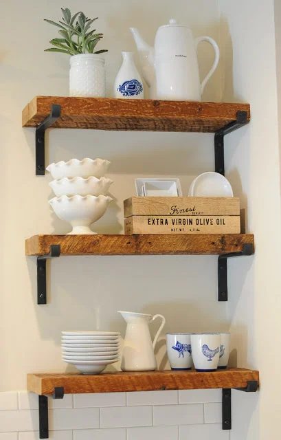 Open Shelves Made From Repurposed Wood In Kitchen Remodel, By SoPo Cottage Featured On @Bekob