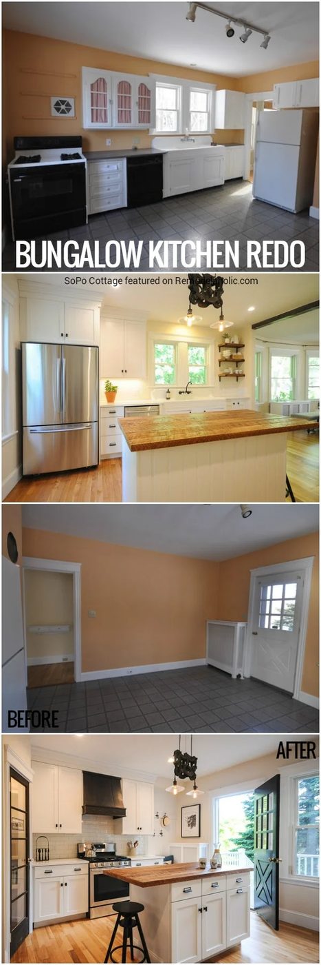 This bungalow kitchen renovation went from dated yet charming to modern but homey, maintaining the original charm while updating the layout and making it more functional, such as a