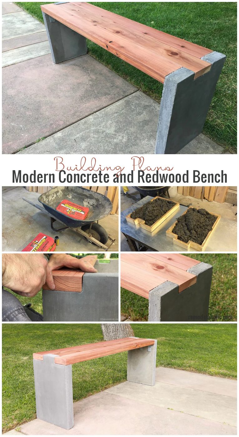 How to build a modern Handmade concrete bench with redwood bench top for outdoor seating #Bekob