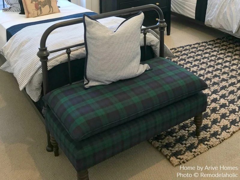 Plaid Upholstered Bench In Modern Farmhouse Boys Shared Room, Arive Homes And Brandalyn Dennis Design, 2018 Utah Valley Parade Of Homes, Featured On Bekob