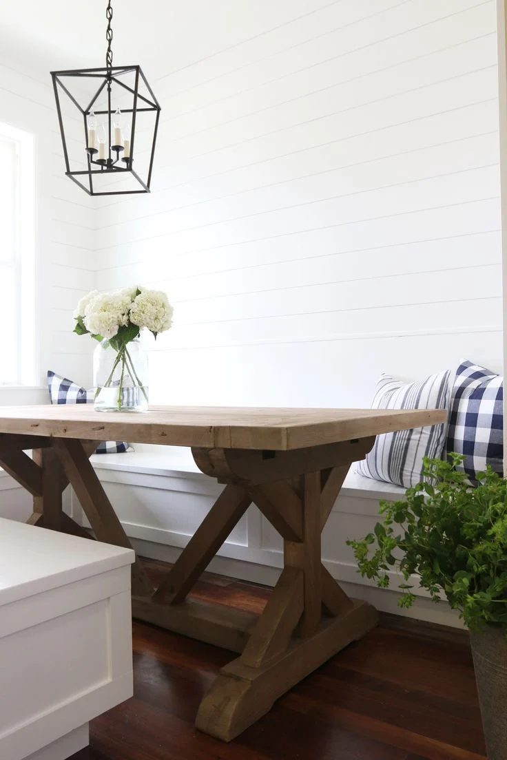 modern farmhouse rustic table with built-in banquette benches