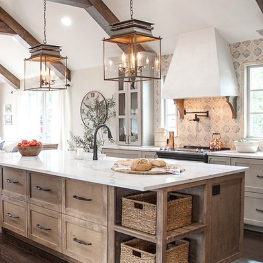 Fixer Upper Hot Sauce House Kitchen, Wood Island With Open Corner Shelves And Wicker Baskets