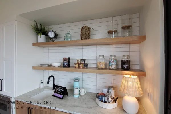 Floating Shelves Wood Over White Subway Tile, Modern Farmhouse Kitchen options, SG22 H02 Bekob