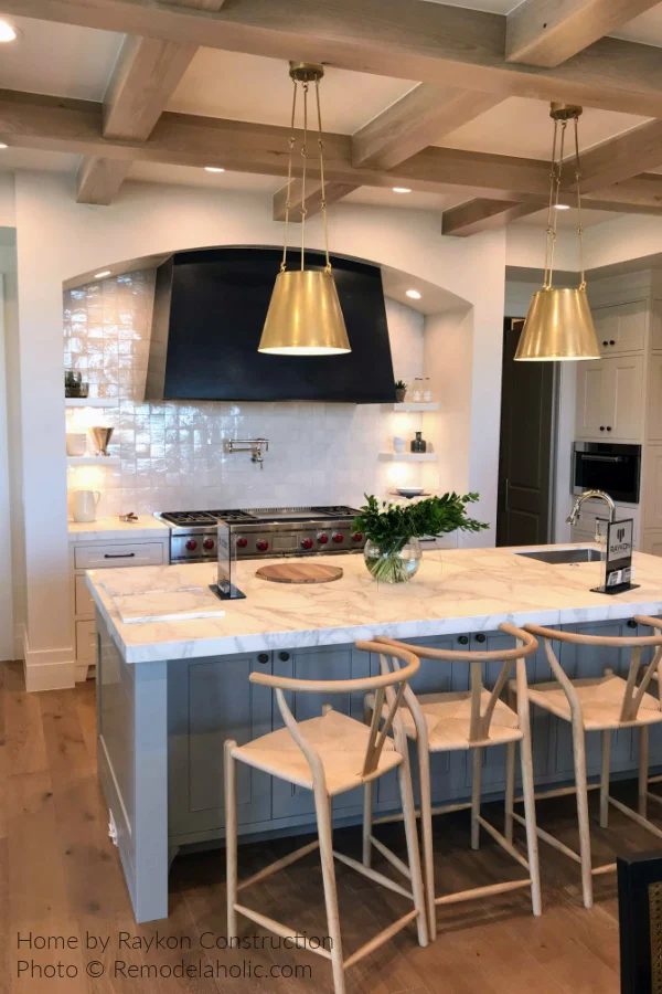Modern Farmhouse Kitchen options, Coffered Wood Beam Ceiling Gray White Cabinets Brass Black UV18 H31 Bekob
