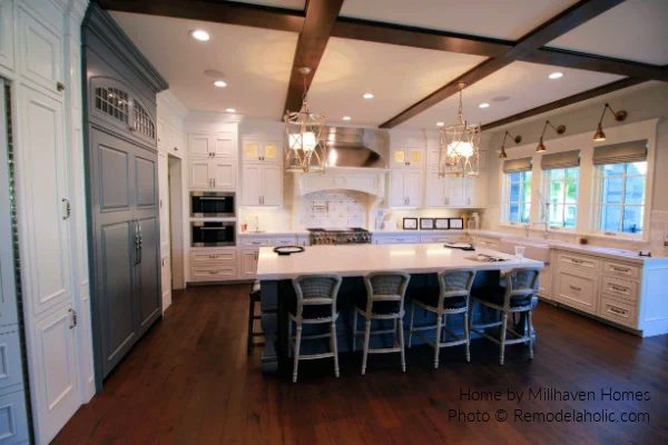 Modern Farmhouse Kitchen options, White And Grey Cabinets With Low Profile Wood Ceiling Beams, Millhaven 2016, Bekob