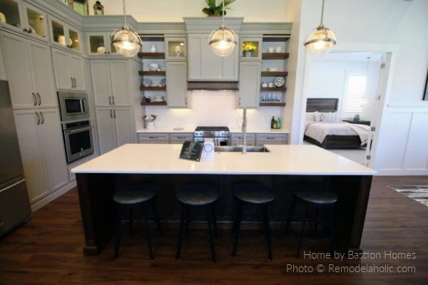 Gray Cabinets Wood Shelves Globe Lights, Modern Farmhouse Kitchen options, UV19 H01 Bekob