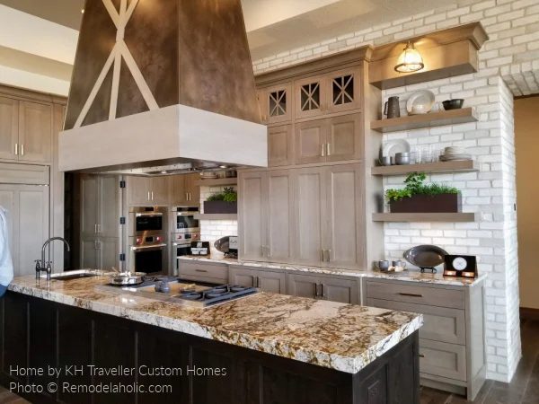 Open Shelves, Range Hood, Gray Wood Stain Cabinets, Modern Farmhouse Kitchen options, SG18 H17 Bekob