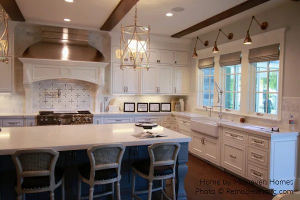 Modern Farmhouse Kitchen options, White And Gray Cabinets With Low Profile Wood Ceiling Beams, Millhaven 2016, Bekob