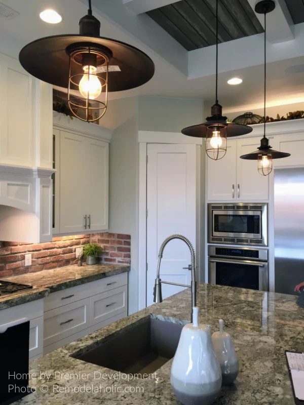 Modern Farmhouse Kitchen options, Brick Backsplash Lighting Wood Ceiling SG17 H23 Bekob