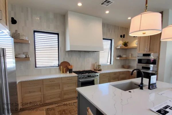 Modern Farmhouse Kitchen options Tile Wood Cabinets Gray Island Drum Light SG22 H25 Bekob