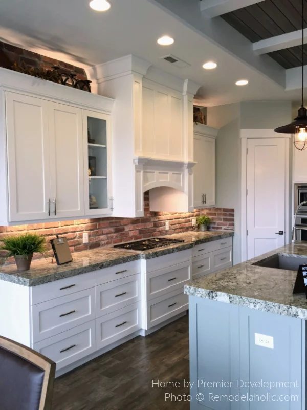 Modern Farmhouse Kitchen options, White Gray Cabinets Brick Backsplash Lighting Wood Ceiling SG17 H23 Bekob