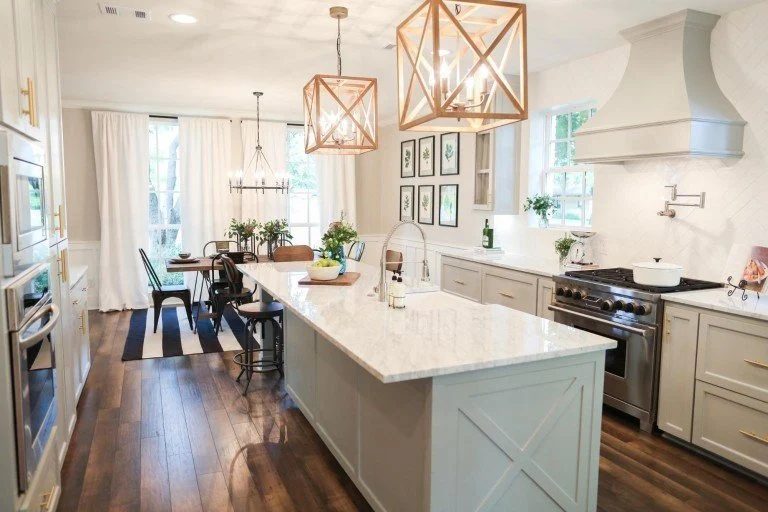 Fixer Upper Chip 2 0 House Kitchen With Blue Grey Cabinets, Featured On Bekob