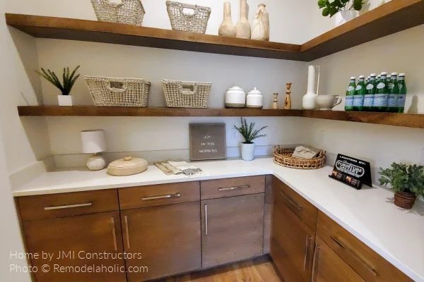 Wood Cabinets White Countertops Modern Farmhouse Kitchen options SG22 H19 Bekob