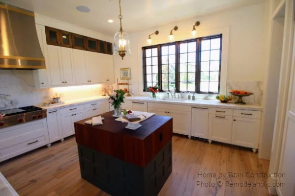Modern Farmhouse Kitchen options, Two Tone Cabinets White And Wood Butcherblock Island, UV19 H21 Titan Bekob