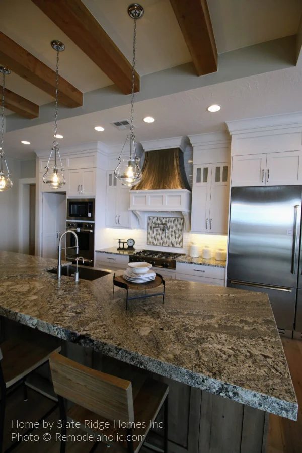 Modern Farmhouse Kitchen options Cabinets Countertop Wood Beam Ceiling Pendant Lighting SG19 H27 Bekob
