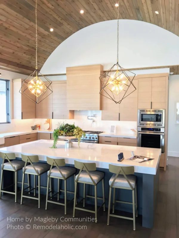 Lighting options Modern Farmhouse Kitchen With Mixed Wood Tones Cabinets Ceiling SG18 H14 Bekob