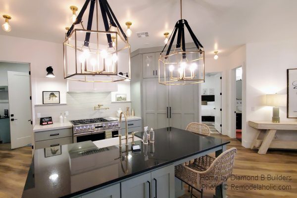 Modern Farmhouse Kitchen Lighting options, Gray Cabinets, Black Countertops SG22 H07 Bekob