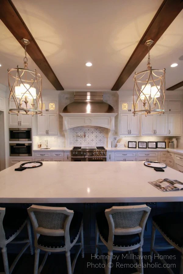 Modern Farmhouse Kitchen options, White And Gray Cabinets With Chandeliers Low Profile Wood Ceiling Beams, Millhaven 2016, Bekob