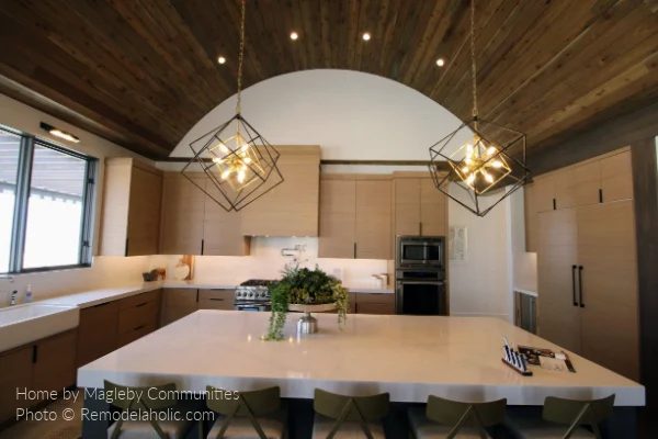 Modern Farmhouse Kitchen options Statement Lighting Mix Wood Tones Ceiling SG18 H14 Bekob