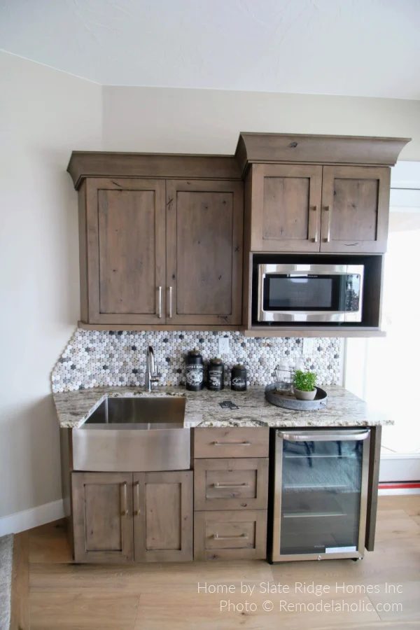 Warm Wood Cabinets With Tile Backsplash, Modern Farmhouse Kitchen options SG18 H27 Bekob