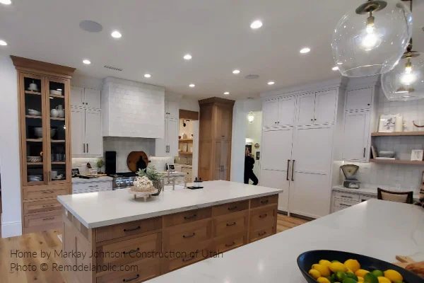 White And Wood Cabinets With Tiled Range Hood, Modern Farmhouse Kitchen options SG22 H12 Bekob