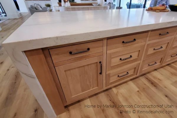 Waterfall Marble Countertop With Light Wood Cabinets, Modern Farmhouse Kitchen options SG22 H12 Bekob