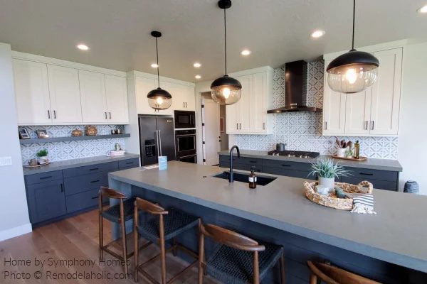 Gray And White Modern Farmhouse Kitchen options With Concrete Stone Countertops Tile Backsplash UV21 H16 Bekob