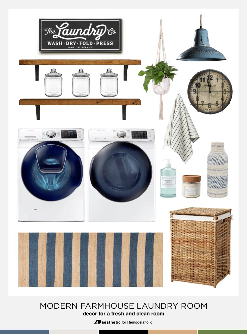 Give your washer and dryer a luxe new space with these straightforward and affordable modern farmhouse laundry room decorating options and tips. #Bekob
