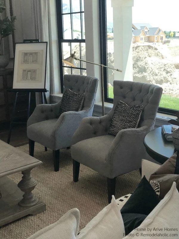 Gray Upholstered Arm Chairs In Living Room, Arive Homes And Brandalyn Dennis Design, 2018 Utah Valley Parade Of Homes, Featured On Bekob