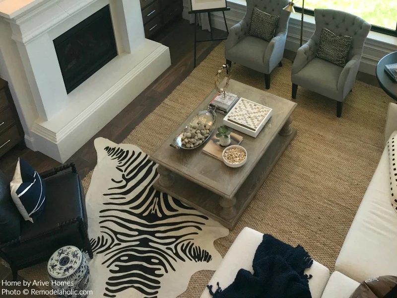 Jute Area Rug Gives Definition In Modern Farmhouse Great Room, Arive Homes And Brandalyn Dennis Design, 2018 Utah Valley Parade Of Homes, Featured On Bekob