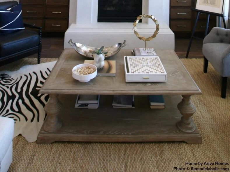Farmhouse Style Natural Wood Coffee Table In Living Room, Arive Homes And Brandalyn Dennis Design, 2018 Utah Valley Parade Of Homes, Featured On Bekob
