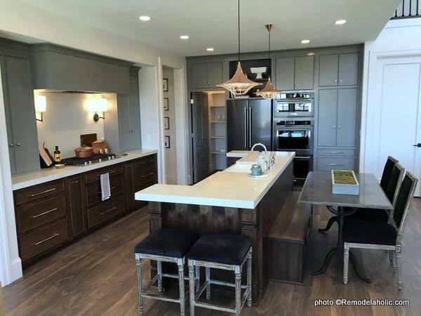Modern Farmhouse Gray Kitchen Cabinets Uppers And Wood Lower Cabinets, White Countertop, UVPH 2018 Home 16 Arive Homes
