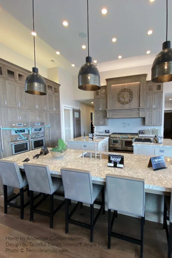 Kitchen Design options, Tall Wood Cabinets With Clock Hammered Metal Pendant Lights, Bekob SGPH21 H27